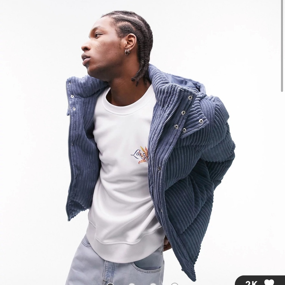TOPMAN cord puffer jacket with hood in blue